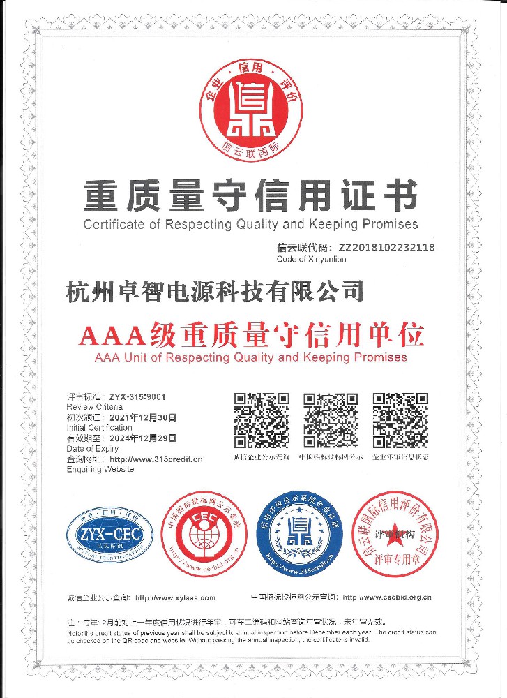 重質量守信用證書